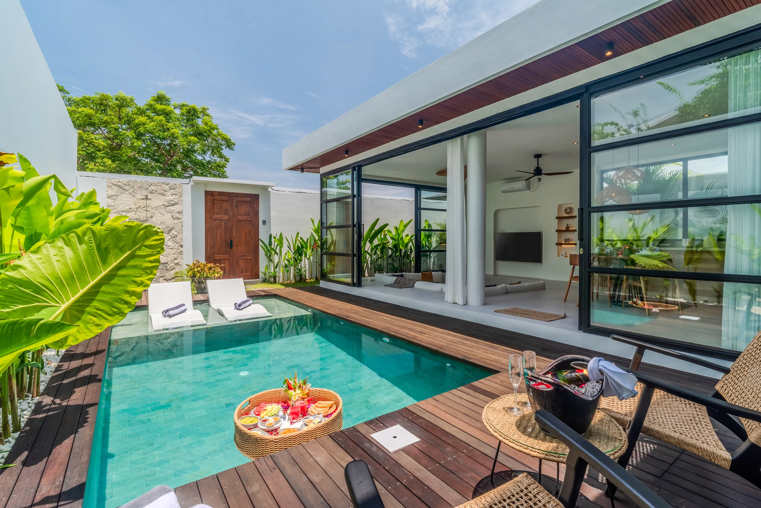Private pool with teak deck and floating breakfast tray at Villa Sofra, Bingin Bali